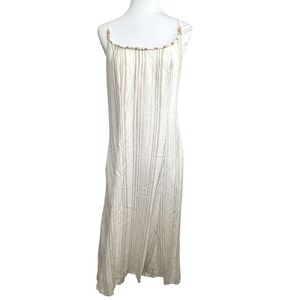Calypso St Barth Maxi‎ Dress Tan Cream Striped Linen Beaded Neck Pockets Size 12